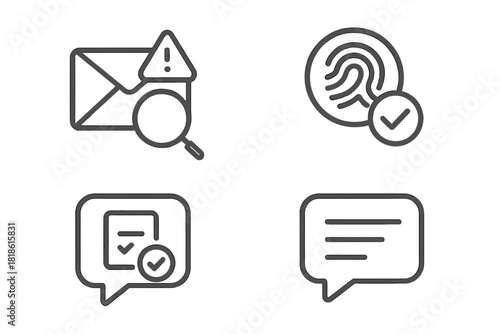 Outline icons for digital security, biometric access, and online communication
