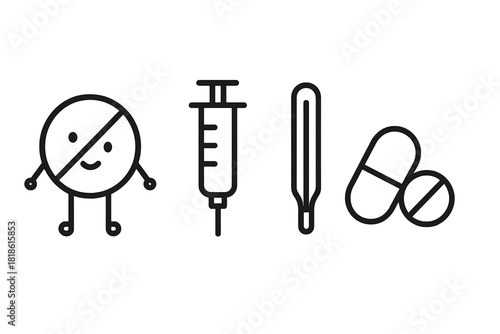Essential outline icons for medical, healthcare, syringe, thermometer, and drug prohibition