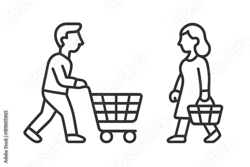 Man pushing a shopping cart and woman carrying a basket walking in a supermarket aisle