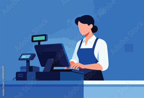 A stylized illustration depicting a cashier at a register. The person, in an apron, works the computer