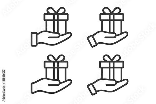 Outline drawing of a human hand holding a wrapped present box with a decorative bow