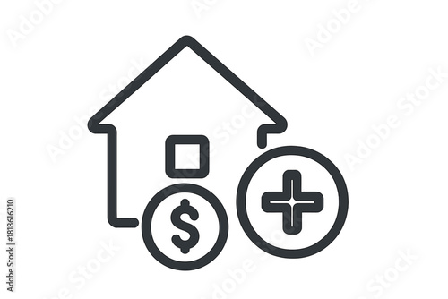 Home finance and property investment showing a house with dollar sign and addition symbol for real estate value increase