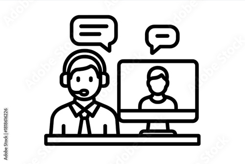 Customer service agent with headset providing online assistance via video call