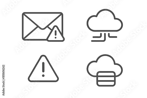 Digital communication error, cloud networking, and data storage warning line symbols
