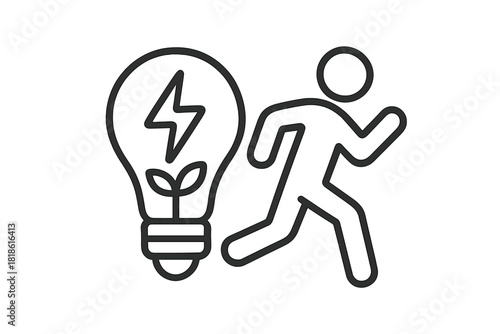 Running person chasing a glowing light bulb symbolizing innovation and green energy