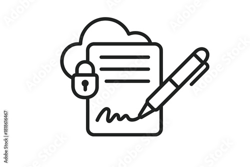 Digital contract document signing with security padlock and cloud data storage symbol