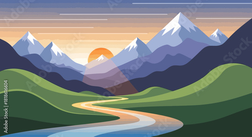 Celestial Spotlight on the Alpine Stream A Breathtaking Flat-Design Panorama Where a Direct Beam of Sunrise Transforms the Winding River into a Golden Artery, Connecting Heaven and Earth Amidst Majest