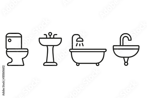 Outline icons set of essential bathroom and plumbing fixtures including toilet, bathtub, and sinks