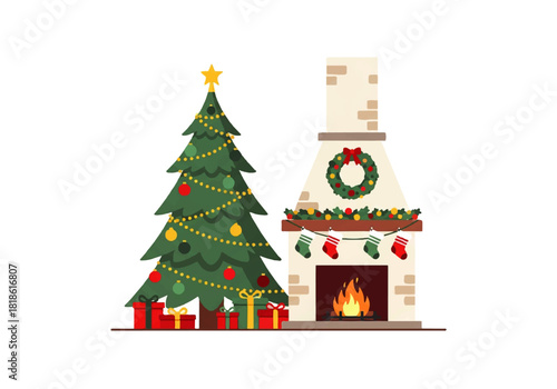 Traditional holiday interior featuring a festive Christmas tree with gifts next to a burning fireplace decorated with a wreath and stockings