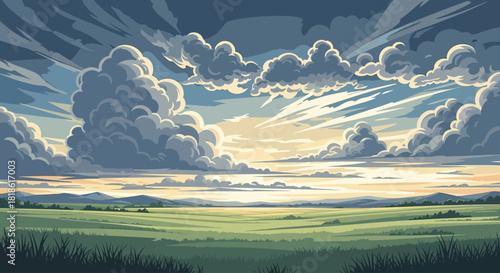 Pastel Zenith Over Layered Peaks A Minimalist Vector Vista of Majestic Purple Mountains and Luminous Water Flowing Through the Pine-Dotted Green Lowlands.