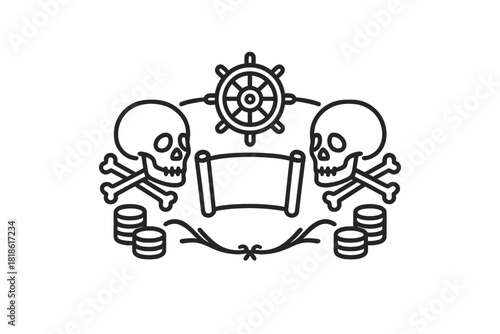 Symmetrical pirate emblem with skulls crossbones ship wheel and treasure map