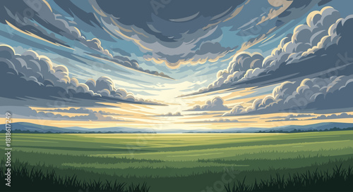 The Serpentine River's Path to Dawn A Flat-Design Tapestry Weaving Layered Amethyst Peaks and Luminous Water Through Rolling, Pine-Dotted Emerald Lowlands.