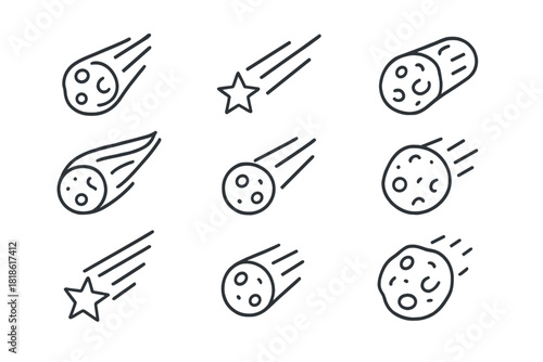 Simple outline icons of falling space objects, meteors, comets, and asteroids
