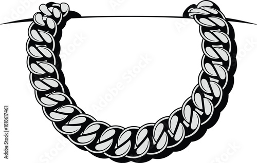 Thick silver curb chain link border with shadow on white jewelry metal