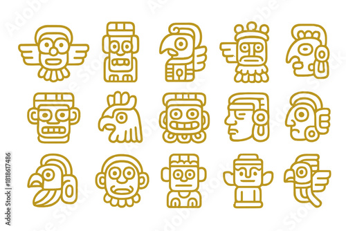 Ancient Mesoamerican deity masks and totem glyphs in stylized golden line art