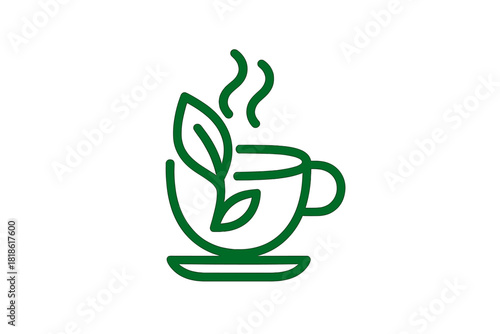 Minimalist line art steaming cup of herbal tea with fresh green leaf design
