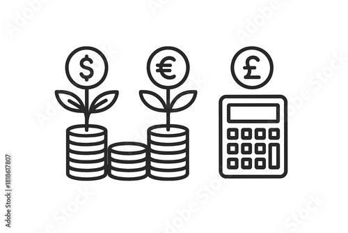 Financial growth with dollar and euro plants sprouting from coin stacks and a calculator