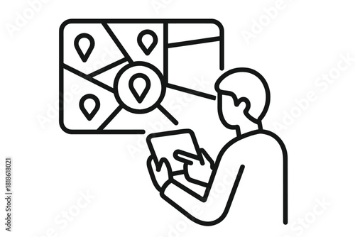 User interacting with digital map interface showing GPS pins and navigation routes