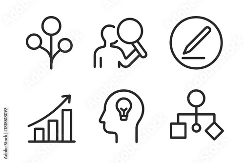 Essential business and strategy concepts represented by analysis, growth, ideas, and structure symbols