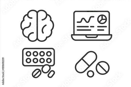 Brain function, digital medical analysis, and pharmaceutical treatment icons set