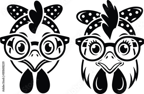 Two black and white cartoon chicken heads wearing polka dot headbands and glasses bird graphic