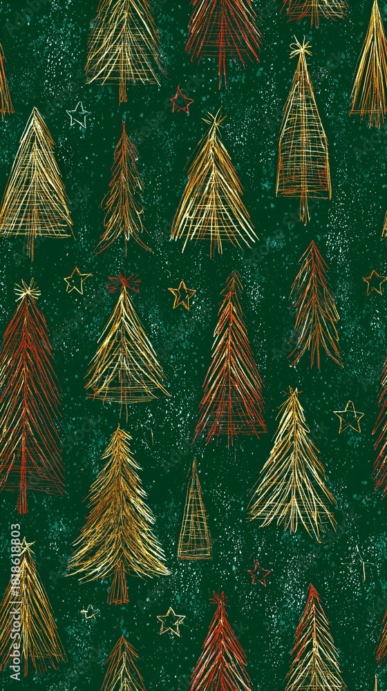 Obraz premium Hand-Drawn Christmas Tree Pattern on Festive Green Background