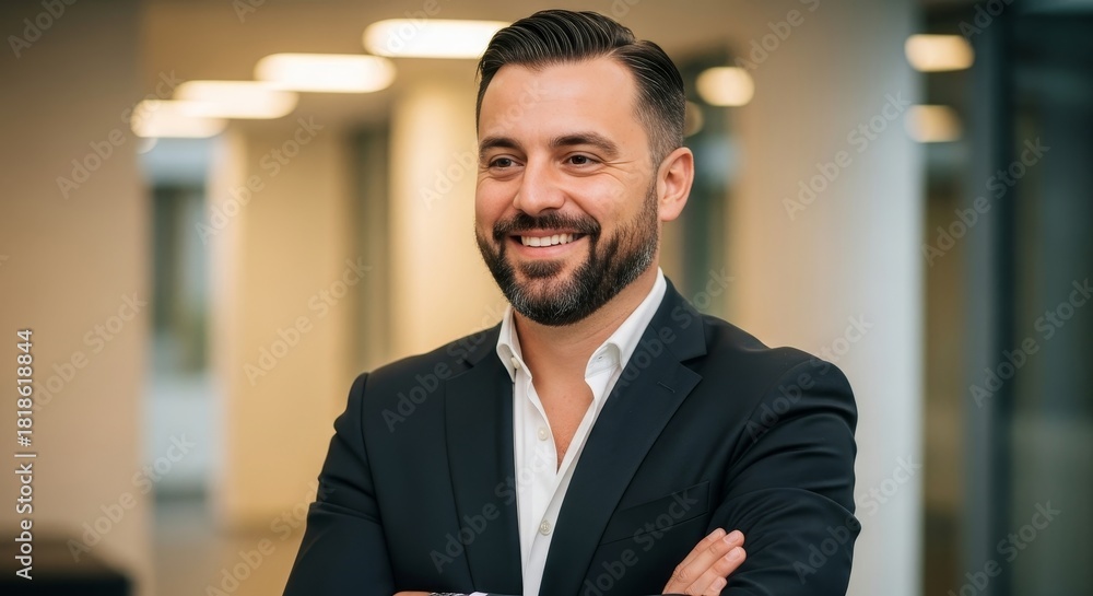 Fototapeta premium Portrait of a smiling businessman in a modern office setting looking confident and professional today