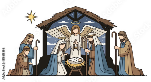 Nativity Scene Illustration Angel, Mary, Joseph, and Baby Jesus