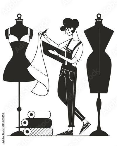 vector of a designer holding fabric and sketchbook with mannequins around, clean vector on white
