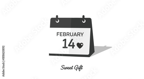 February fourteenth calendar page with heart symbol and sweet gift text