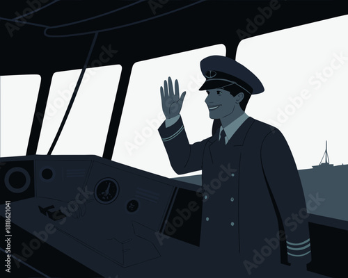 vector of a smiling cruise ship captain waving from ship bridge with binoculars nearby, white background
