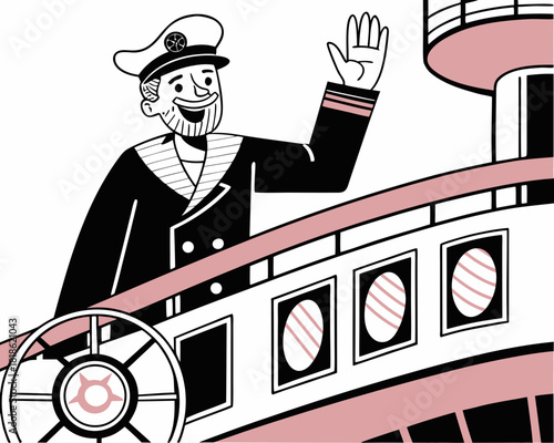 vector of a smiling cruise ship captain waving from ship bridge with binoculars nearby, white background
