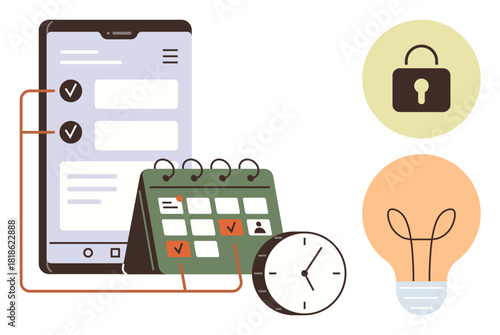 Calendar, smartphone with checklist, clock, lock for security, light bulb for ideas. Ideal for time management, planning, innovation organization productivity security decision-making. Simple