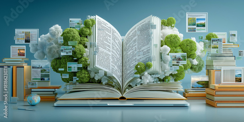 Open book with digital pages and green trees emerging from it symbolizes fusion of nature and technology, representing online learning platforms. Books and globe surround scene
