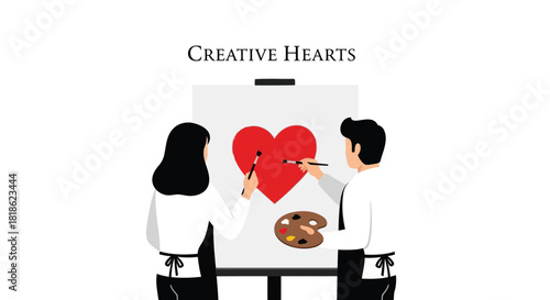 Two artists painting a large red heart on a canvas together with paint and brushes