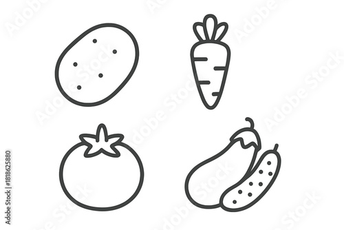 Minimalist black and white outline icons featuring common garden vegetables