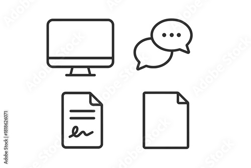 Line icons for digital communication, document signing, monitor, and chat bubbles