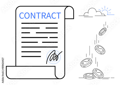 Rolled paper contract with signature and dropping coins symbolizing profit, investment, financial success. Ideal for business, agreements, partnerships, growth, legal processes, trust simple flat
