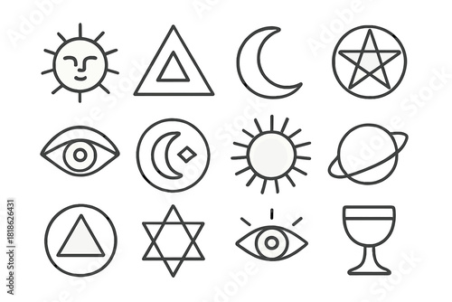 Collection of mystical and occult symbols featuring sun, moon, stars, pentagram, and all seeing eye