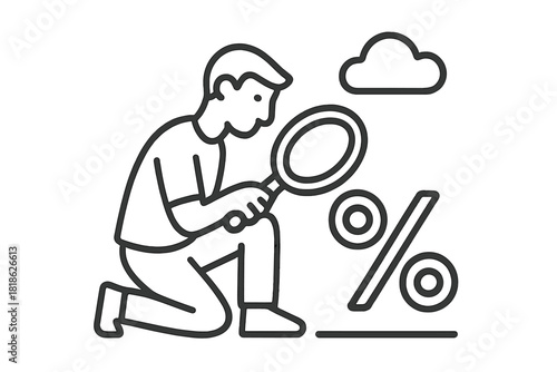 Person examining percentage symbol with magnifying glass for financial rates and discounts