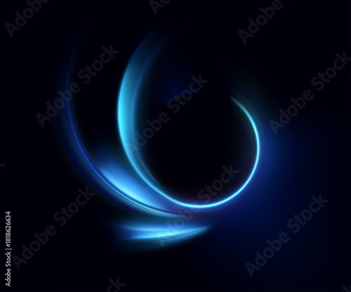 Glowing blue light swoosh forming a semi circular energy ring on deep black. Futuristic vector light trail for sci-fi interfaces, tech branding and dynamic motion design.