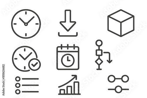 Essential business productivity line icons featuring time management data analysis and workflow symbols