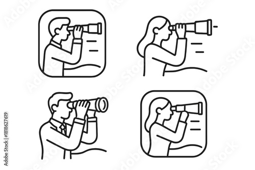 Men and women looking through a spyglass searching for opportunities and future vision