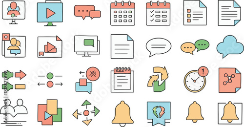 Collection of hand drawn doodle icons representing business concepts like planning meetings tasks calendar documents and communication tools