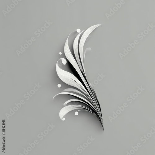 Abstract 3D paper sculpture, white and black, representing a modern feather or plant against a grey background