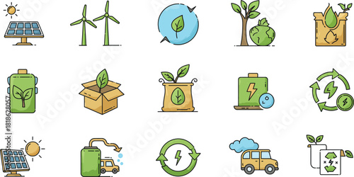 Collection of hand drawn eco friendly icons representing renewable energy recycling sustainability and green living concepts for environmental awareness campaigns
