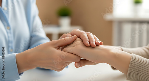 Adult female therapist providing reassurance to distressed young woman by holding her hand, supportive therapy session, counseling environment, mental wellness
