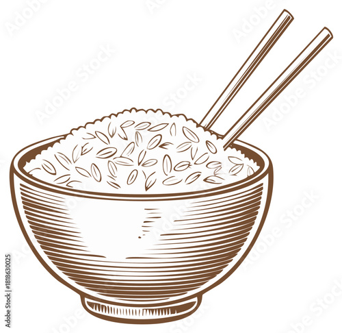 Bowl of Rice with Chopsticks Illustration, Asian Cuisine, Food Concept