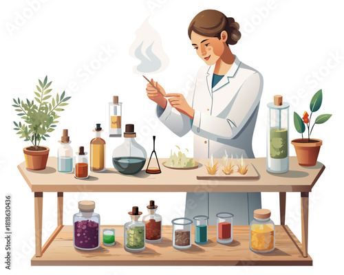 vector of a perfumer at lab table mixing essential oils with scent strips and flasks, white background
