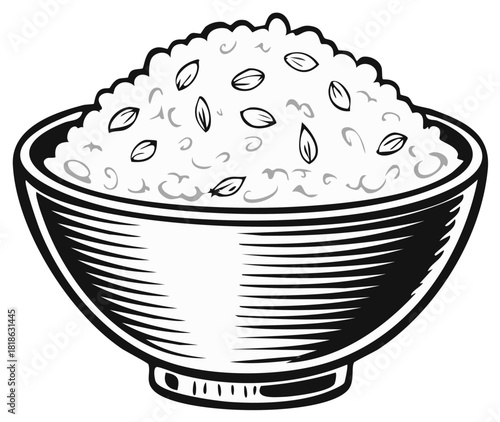 Rice Bowl with Seeds, Black and White Vector Graphic, Asian Food Illustration, Grain Texture